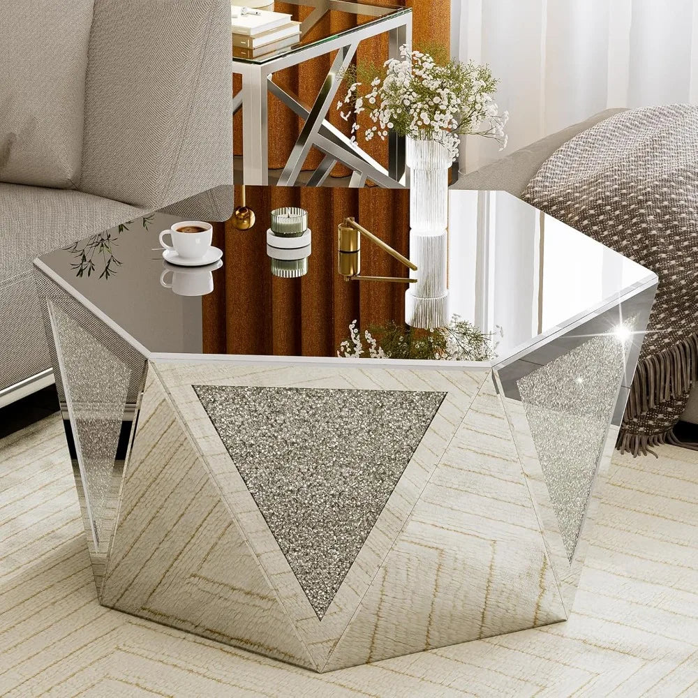 Coffee Tables with Crushed Diamond Inlay, Mirrored Pentagonal Coffee Table with Luxury Mirror Surface, Center Table Side Table