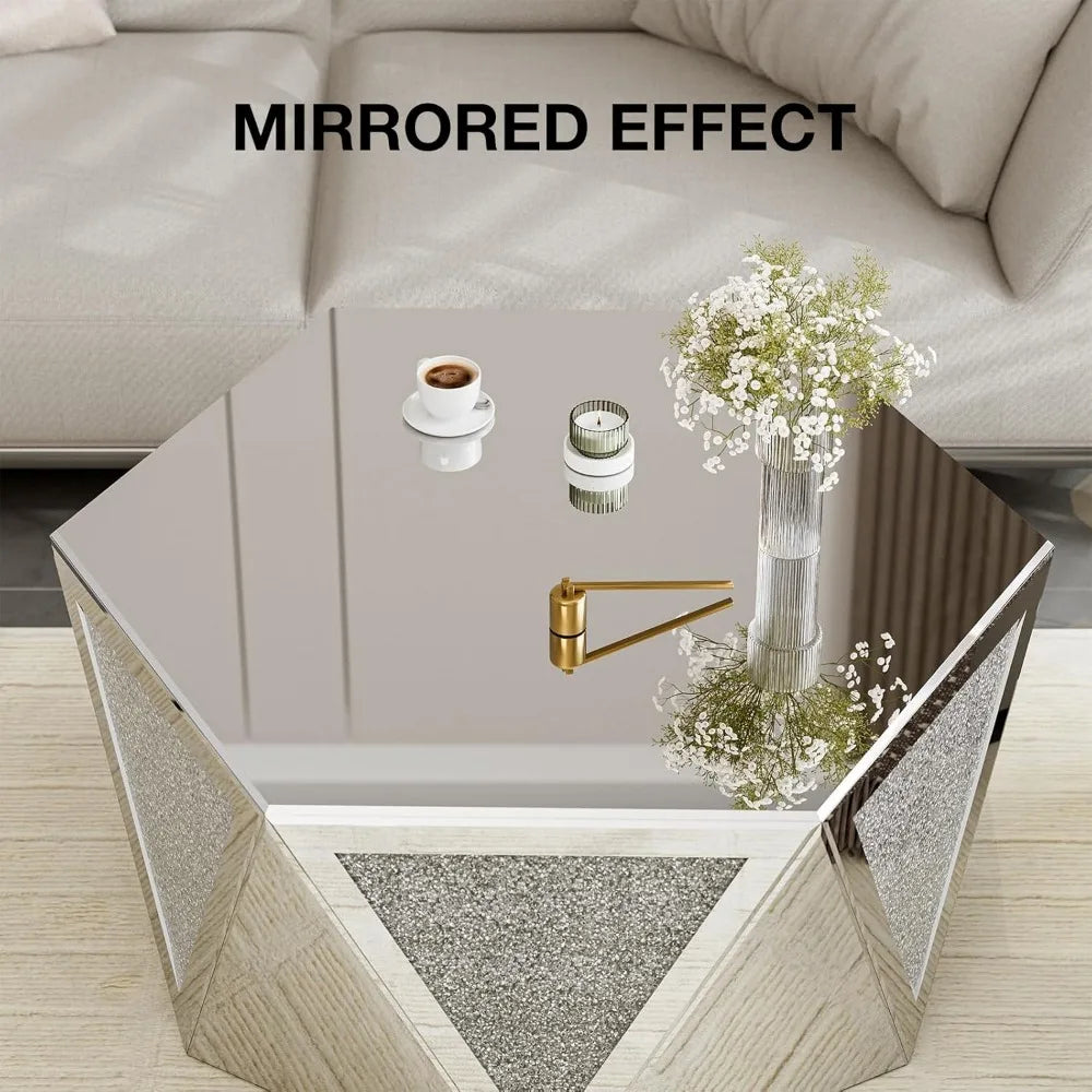 Coffee Tables with Crushed Diamond Inlay, Mirrored Pentagonal Coffee Table with Luxury Mirror Surface, Center Table Side Table