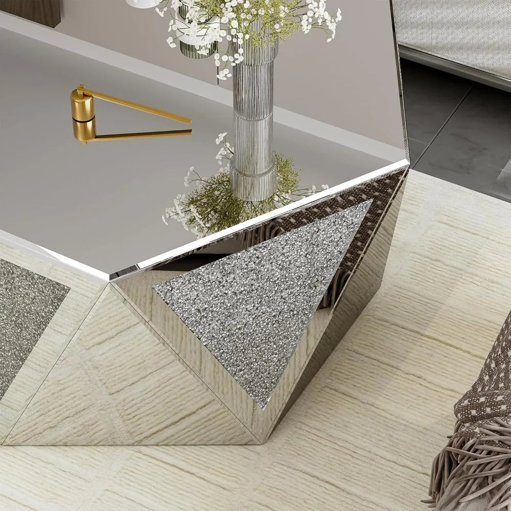 Coffee Tables with Crushed Diamond Inlay, Mirrored Pentagonal Coffee Table with Luxury Mirror Surface, Center Table Side Table