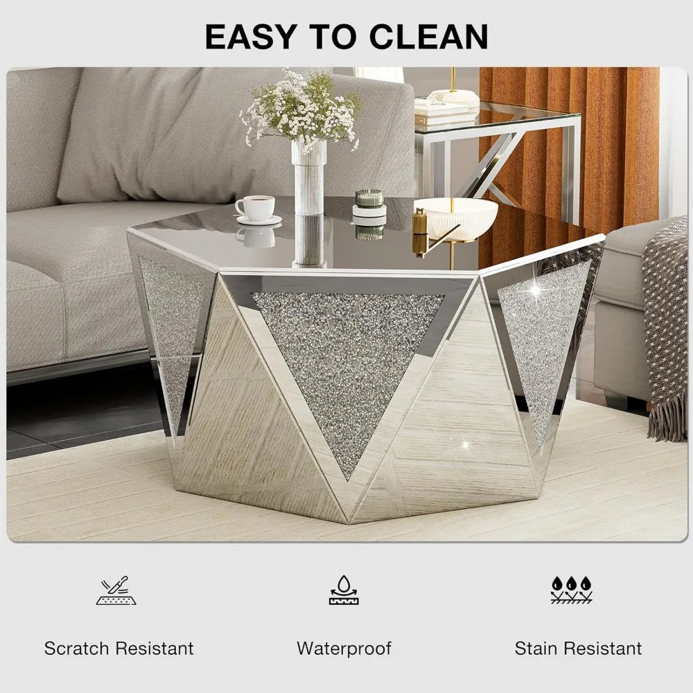 Coffee Tables with Crushed Diamond Inlay, Mirrored Pentagonal Coffee Table with Luxury Mirror Surface, Center Table Side Table