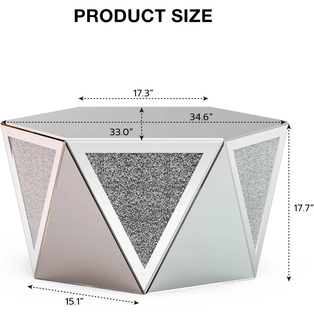 Coffee Tables with Crushed Diamond Inlay, Mirrored Pentagonal Coffee Table with Luxury Mirror Surface, Center Table Side Table