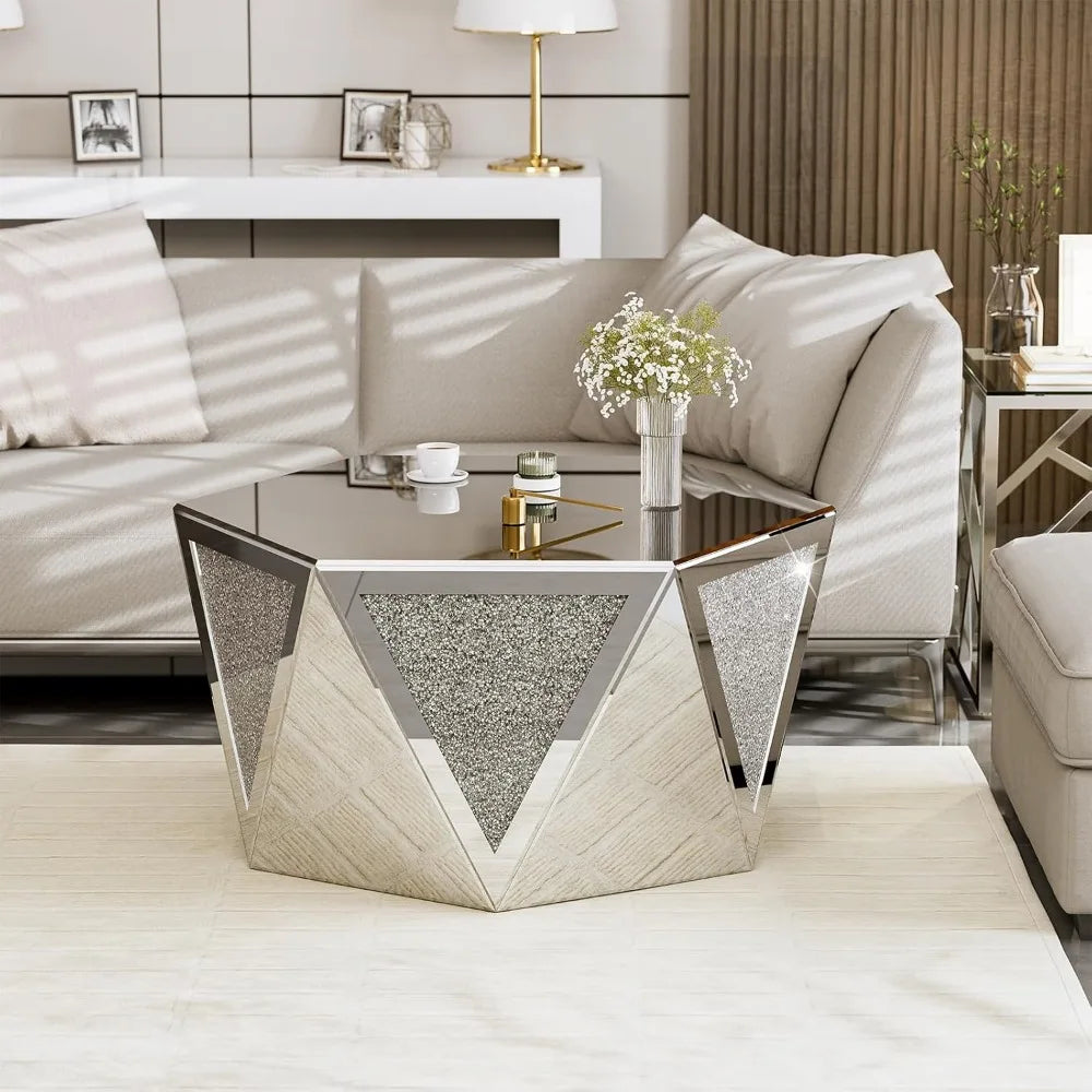 Coffee Tables with Crushed Diamond Inlay, Mirrored Pentagonal Coffee Table with Luxury Mirror Surface, Center Table Side Table